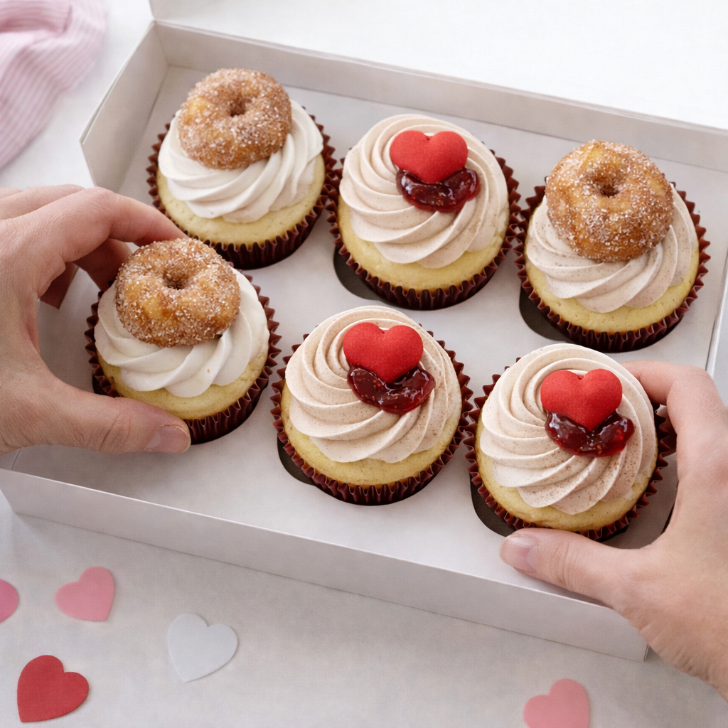 Cupcakes with heart toppings and donut decorations in a box, with hands reaching for them.