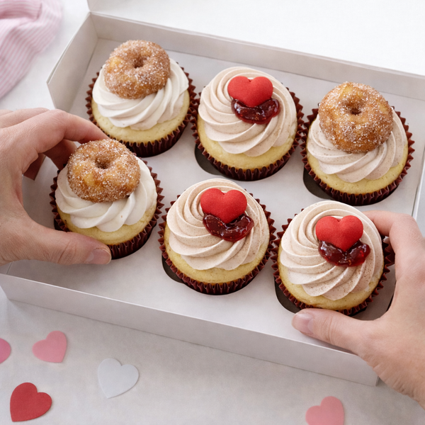 Cupcakes with heart toppings and donut decorations in a box, with hands reaching for them.