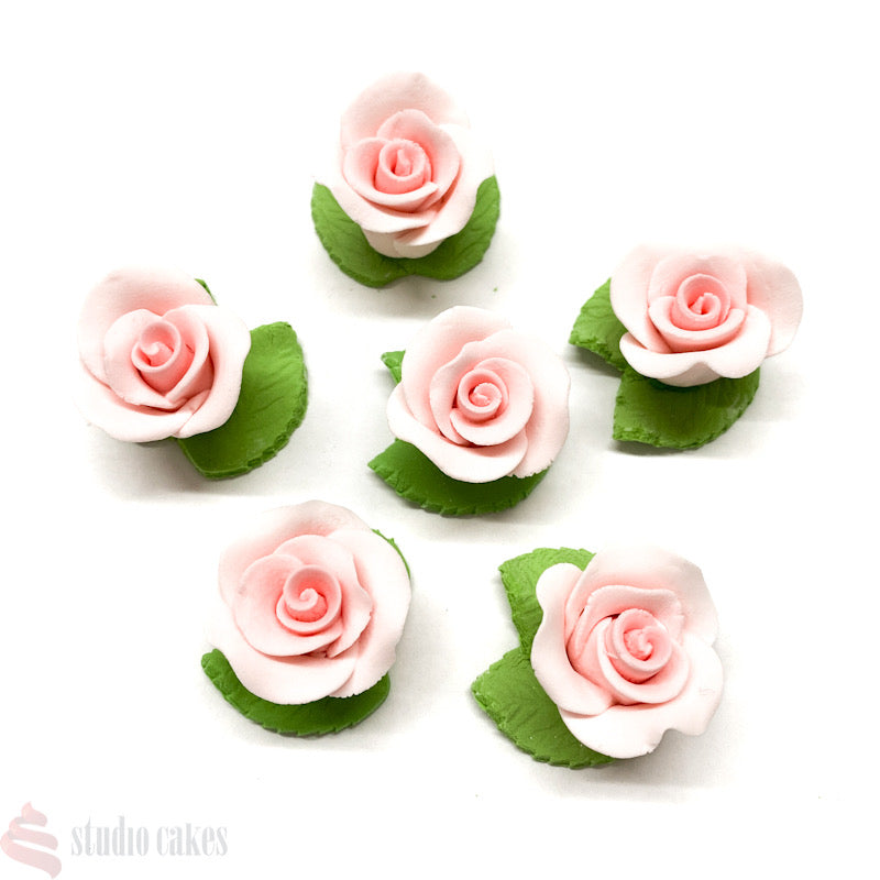 Sugar Flowers - Pink Roses with Leaves (Pk 6)